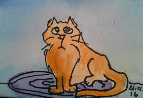A small watercolor cartoon of an orange cat sitting on a rug.