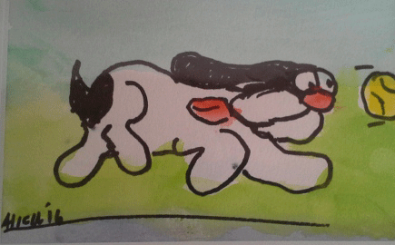 A 4.5inch by 6.5inch watercolor cartoon of a Springer Spaniel chasing a ball