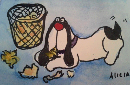 "Spaniel dog enjoying trash" cartoon watercolor by Alicia Lee Farnworth for the 2016 Animism show Middletown, California