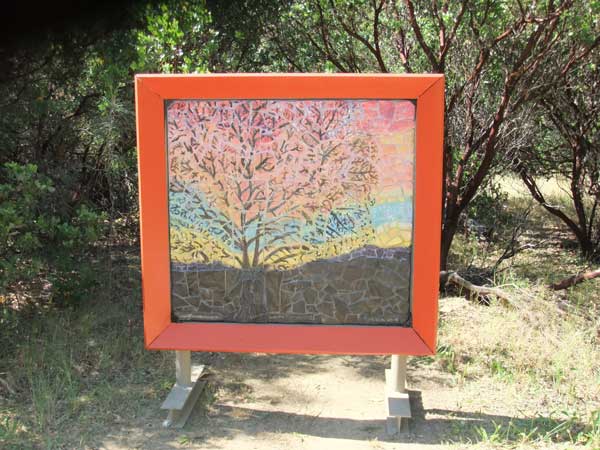 Winter Daybreak Handmade Ceramic Mosaic Landscape by Alicia Lee Farnsworth depicts a big oak tree and a glorious winter sunrise in Rural Lake County ,CA